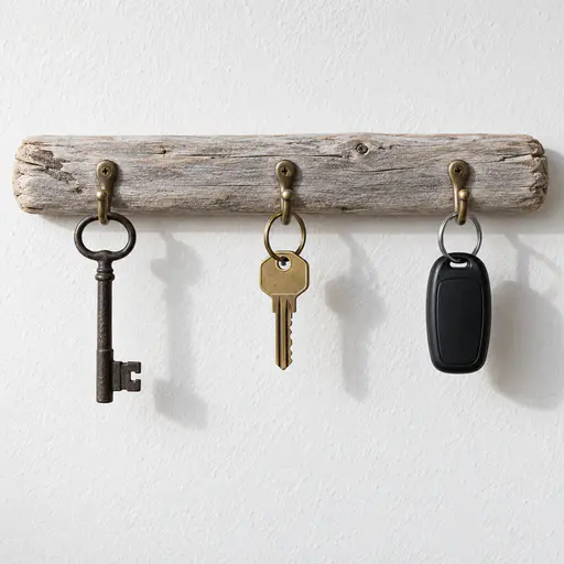 A weathered driftwood rail with three brass hooks, a skeleton key, a brass door key on a ring and a black car fob, window light from the left on a whitewashed wall.