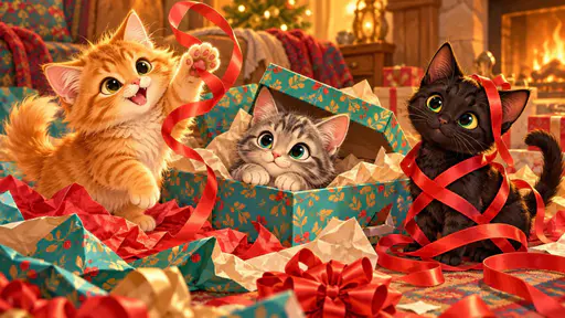 Three playful kittens, one ginger, one grey tabby and one black, sit among colorful gift wrapping paper, ribbons and open boxes while one bats a ribbon.