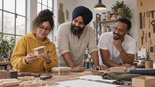 A woman with round glasses and a curly bun holds up a small finished wooden model while a bearded man in a navy turban leans over it and a tall lean man with a tape measure smiles beside them around a long worktable in low golden light.