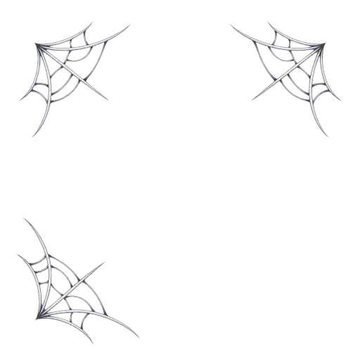 Three silvery cobweb corner webs with bold radial threads and clean tapered tips sit in the top-left, top-right and bottom-left corners of a square, transparent canvas. A Halloween overlay piece; the centre stays open and transparent so it can sit over any design.