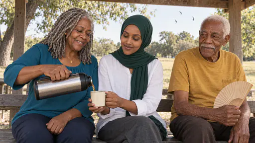 An older woman with silver locs in a teal blouse pours tea into a cup held by a woman in an emerald-green hijab beside a tall elderly man in a mustard shirt with a paper fan on a long plank bench under an open wooden park shelter in warm late light.