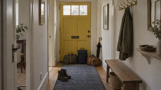 Three packed bags and a folded umbrella wait in a line by a yellow front door in a narrow hallway with a pair of boots on a blue runner, keys in a bowl and one coat left hanging on the brass hooks in soft morning light.