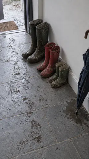 A tiled hallway floor with three pairs of muddy boots from largest to smallest against a wall, a closed navy umbrella with a puddle, damp footprints from the door.