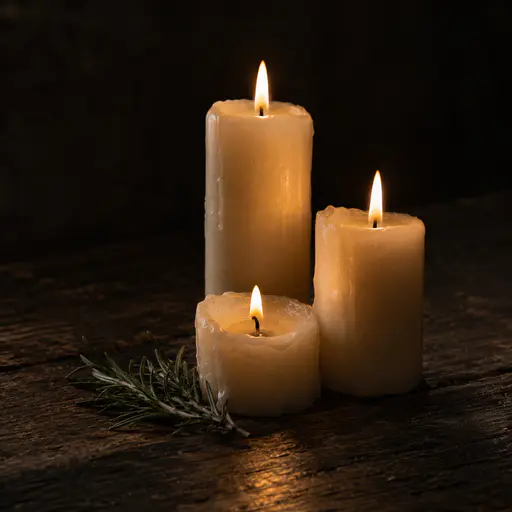 Three lit cream pillar candles at different heights on a dark oak table, the shortest burned down in a pool of clear wax, a dry rosemary sprig beside it.
