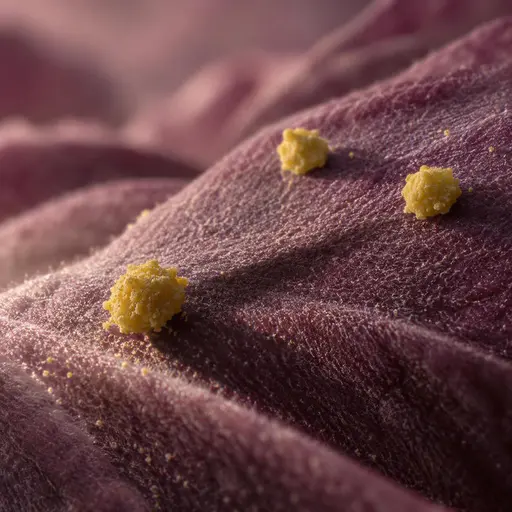 A petal fold fills the frame as a vast soft landscape seen at a low raking angle, with three isolated pollen grains resting in an unequal triangle on its slope, the nearest grain throwing one long soft shadow that points exactly at the other two.