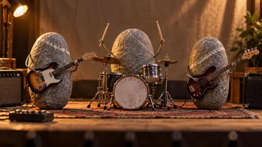 Rock band: a miniature still-life of three rounded grey river stones posed as a band on a small stage, small wire arms holding a tiny guitar, bass and drumsticks, their plain mineral bodies acting as the musicians under warm raking side light against a plain backdrop.