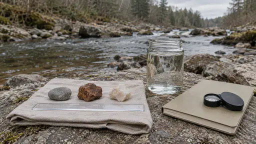 On a flat stone at a stream bank in soft side light three small rock samples, a grey pebble, a rust-coloured stone and a pale quartz chip, lie in a row on a folded cloth beside a plastic ruler and a jar of stream water with a hand lens on top of a closed field notebook and the stream blurred behind, no people.
