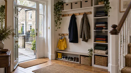A hallway storage wall has coat hooks at three heights holding a small yellow child's raincoat, a navy adult coat and a tweed jacket beside three pigeonhole boxes, a low shelf of children's shoes and a tall shelf of folded scarves.