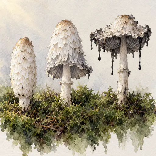 Three shaggy mane mushrooms at three ages on dark moss, closed white bud on the left, half open cap in the middle, old melting black cap with ink drips on the right.