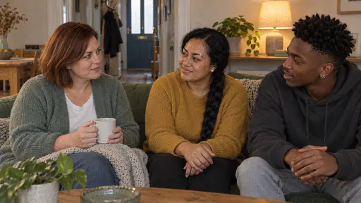 A woman with an auburn bob in a sage-green cardigan sits in the corner of a green sofa with a mug and a blanket while a woman with a long braid in a mustard jumper and a young man in a charcoal hoodie sit close beside her in warm evening lamp light.