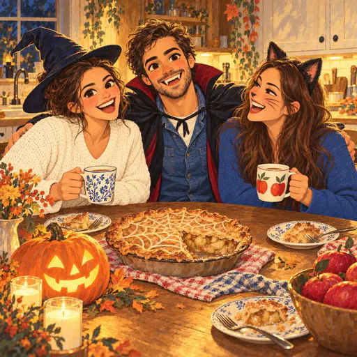 Three adult siblings dressed as a witch, a vampire and a black cat laugh around a kitchen table with a jack o lantern and a cobwebbed apple pie.