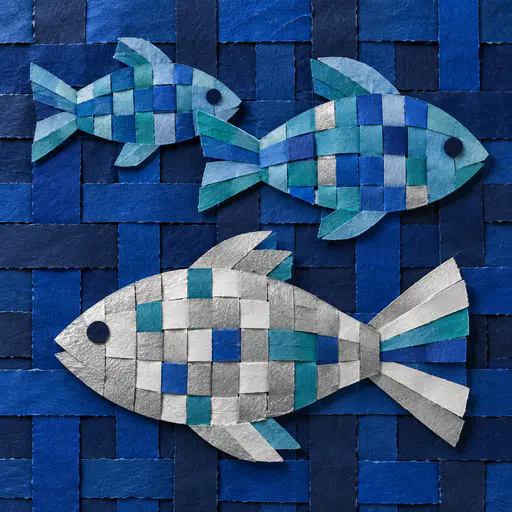 Three fish woven from interlaced blue, teal and silver paper strips on a deep blue woven ground, two swimming right, one silver fish turning left, fanned strip tails.