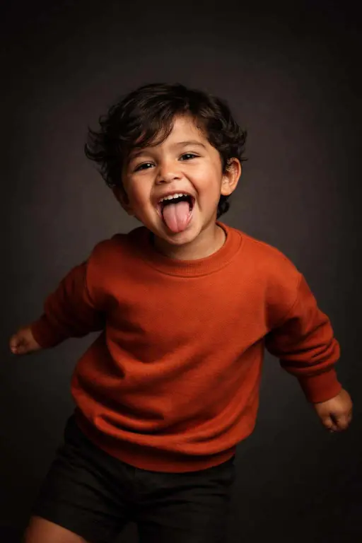 Cinematic 2:3 studio portrait of a laughing three-year-old Latino boy in a burnt-orange sweatshirt against a minimal dark gradient with warm amber highlights and subtle grain.