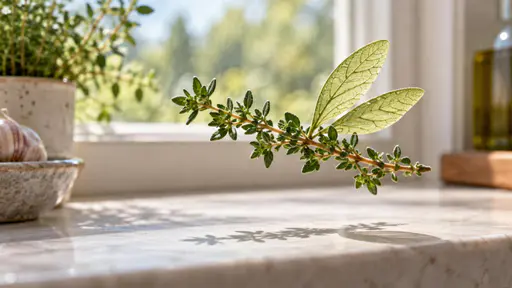 Thyme flies: A fresh thyme sprig in mid-flight across a bright kitchen windowsill, two delicate leaf-shaped wings growing from its green stem, a clear soft shadow on the sill beneath it, quiet unlettered background.