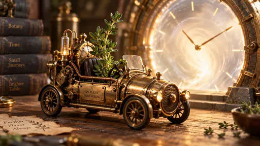 Thyme traveler: A fresh thyme sprig sits in the driver's seat of a miniature brass time machine, its leafy stem leaning toward a large round portal marked only by clock hands and tick marks, in warm three-quarter light.
