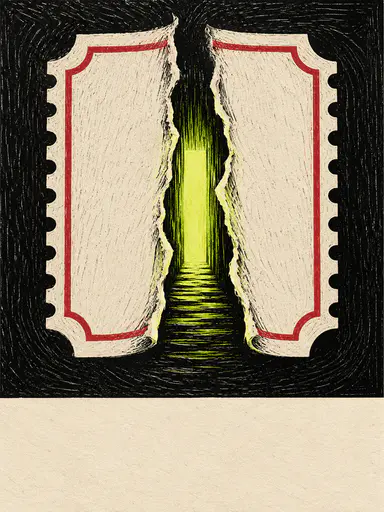 Halloween event ticket poster art: an enormous blank admission ticket torn down the middle, the jagged gap opening onto a narrow acid-green glowing doorway, printed in black, bone and dusty red linocut with an empty title band.