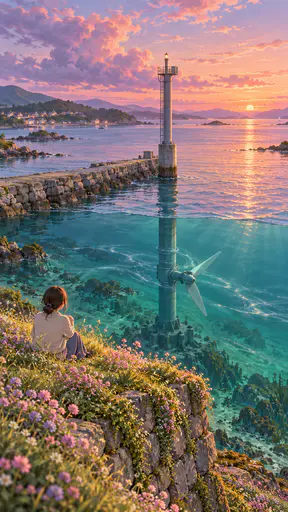 A small adult figure sits on a grassy sea wall at dusk watching a slim tidal turbine mast with turning blades beside a stone jetty under a soft pink and teal sky in a gentle painterly illustration.