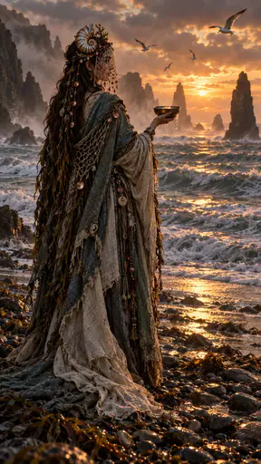 Full-length tide-priestess in nautilus-shell crown and copper-bead net veil holding a brass bowl of seawater on a shingle shore at dusk, sea stacks and gulls behind.