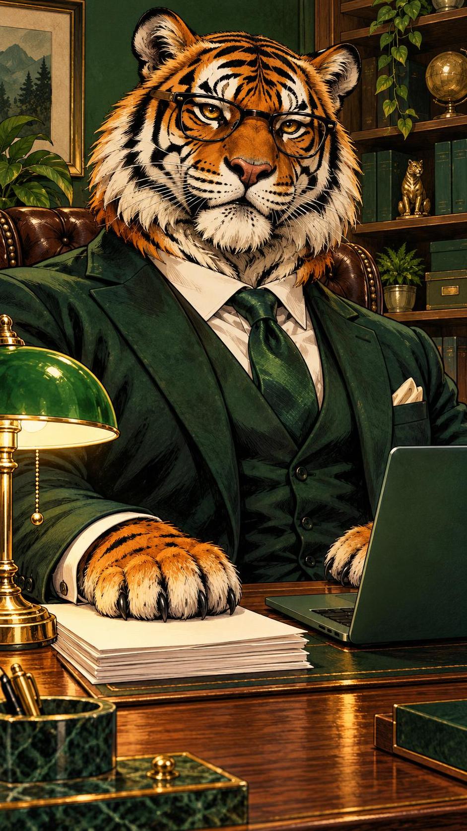A regal tiger in glasses sits upright at a wooden desk working as a confident boss with papers, a lamp and a laptop in front of it in a tidy office.