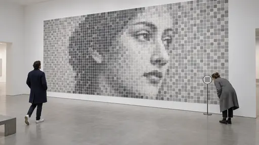 Seeing the big picture: a gallery wall of hundreds of small gray tiles forms one large calm human face, while one visitor steps back with hands in pockets to take in the whole and a second visitor bends to a single tile with a magnifier on a thin stand.