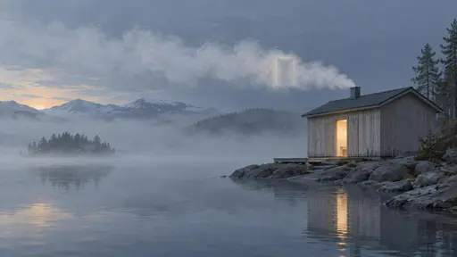 Low shoreline view of a pale timber bathhouse beside a slate lake at dawn, one small doorway glowing warm cream while steam drifts left and dissolves into the fog field.