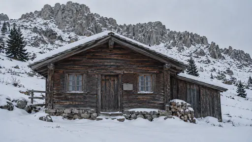 A small timber cabin sits below a bare rocky ridge with snow covering the ground around its walls in pale winter light.