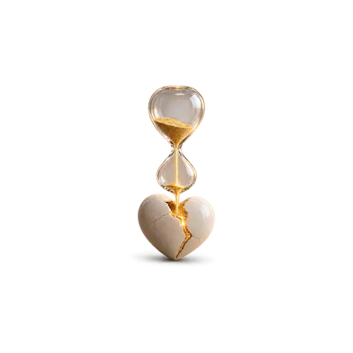 Golden hourglass sand streaming into the crack of a ceramic heart and hardening into a smooth gold seam that joins one end, isolated on transparency: time heals all wounds, recovery developing with the passage of time.