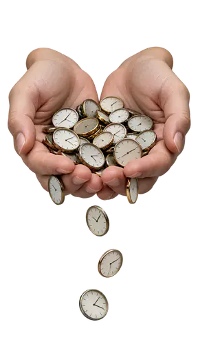 Time slipping through your fingers: two cupped hands hover with tiny watch faces slipping through the gaps between their fingers while three more faces hang frozen mid-fall below, showing the inability to stop time from passing, isolated on transparency.