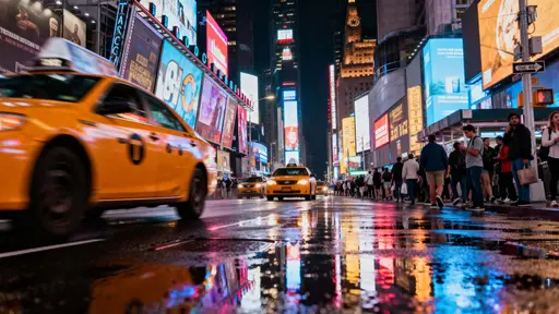 A crowded Times Square at night with bright neon billboards reflecting on wet pavement after rain, blurred yellow taxis streaking through a cinematic, energetic urban scene.