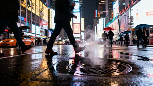 Times Square at night just after heavy rain, neon signs reflecting on wet asphalt as pedestrians with umbrellas move beneath rising manhole steam in a cinematic, moody scene.