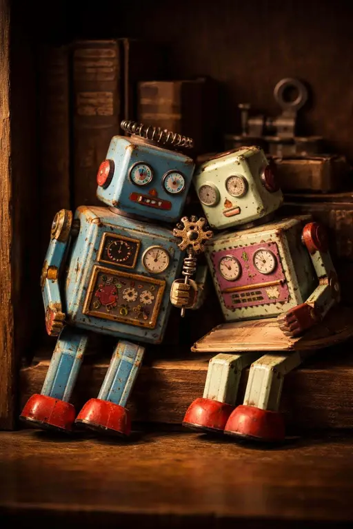 Vertical 2:3 3D render of two tin toy robots leaning on a dark wooden shelf, one offering a small metal-gear flower under warm dramatic side lighting with blurred books background.