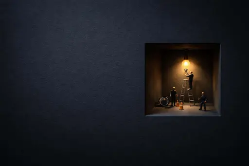Tiny 3D workers adjust a small warm light inside a recessed cutout on a minimal midnight-slate background, preserving broad left negative space and calm mood.