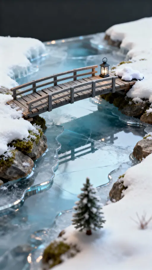 A miniature wooden bridge arches over a glassy frozen river inside a compact winter diorama, lit to emphasize frost and tiny textures for a quiet, contemplative mood.