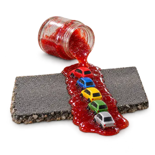 Traffic jam: five tiny toy-like cars stuck bumper to bumper in a glossy ribbon of strawberry jam poured across a miniature road, a tipped jar feeding the sticky blockage.