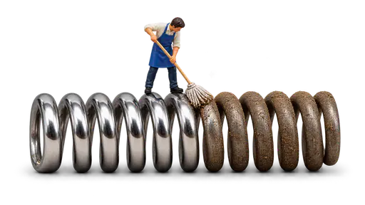 Spring cleaning: miniature still-life photograph of a tiny cleaner in a blue apron scrubbing a giant steel spring with a mop, shiny clean coils behind and dusty coils ahead, isolated on transparency.
