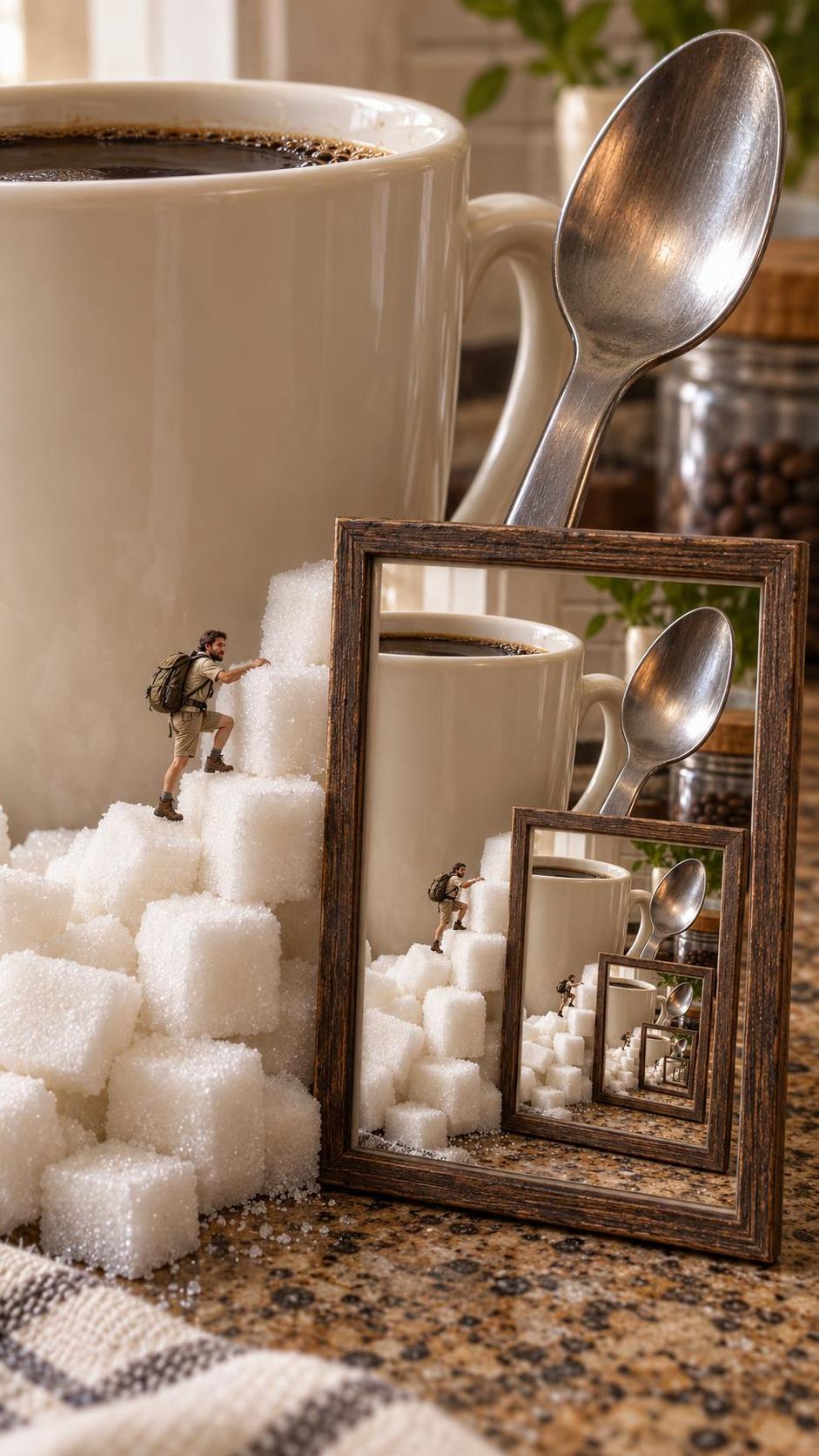 A tiny adult figure the size of a thumb explores a giant kitchen counter climbing past a looming coffee cup, a huge spoon and a mountain of sugar cubes with everyday objects towering overhead.