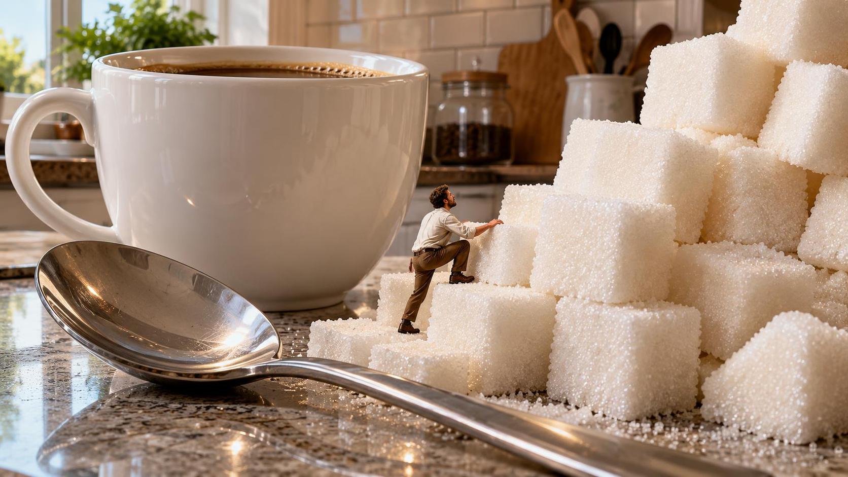 A tiny adult figure the size of a thumb explores a giant kitchen counter climbing past a looming coffee cup, a huge spoon and a mountain of sugar cubes with everyday objects towering overhead.