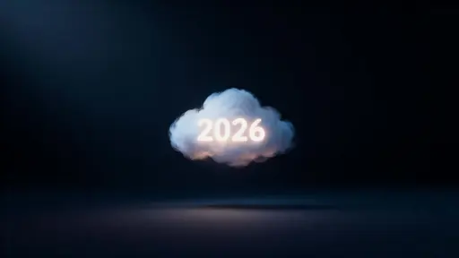 A tiny glowing cloud drifts in deep black, its soft, edge-free form subtly shifting to spell "2026" in luminous, atmospheric light, occupying a 16:9 frame.