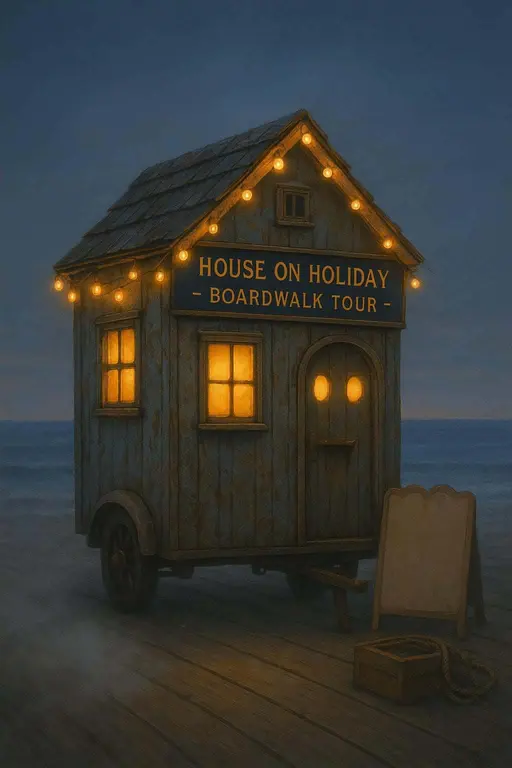 A whimsical, family-friendly photo of a tiny haunted house-on-wheels rolling along a seaside boardwalk at dusk with blinking window “eyes” and a door “mouth.”