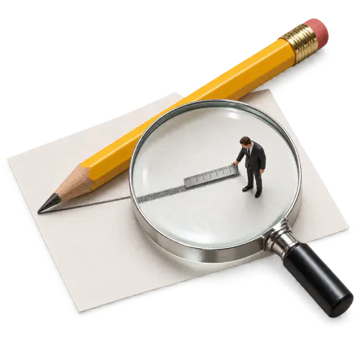 Micromanagement: a miniature suited manager measures a giant pencil stroke with a tiny ruler under an oversized magnifying glass on a small paper patch.