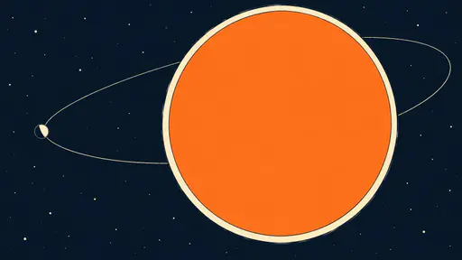 A tiny planet orbits an enormous minimalist sculpture of the sun, a huge smooth glowing disc with a thin corona, with the scale contrast exaggerated against deep black space.