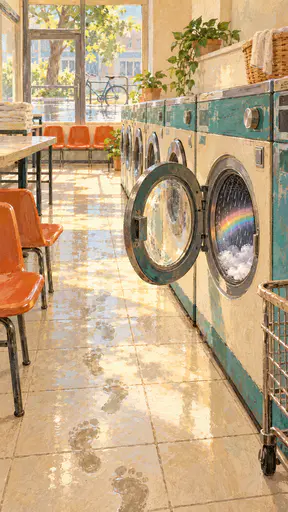 A sunlit empty laundromat has a washing machine door open on a small rain shower and a tiny arched rainbow above soap suds with wet footprints on the tile in a dry brush gouache painting.