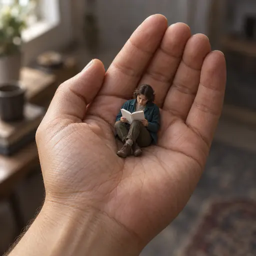 Palm reader: macro photograph of a miniature person in a deep teal jacket, olive trousers and brown boots sitting in the hollow of a giant open palm, reading a tiny open book with blank white pages while four large fingers curve upward around them and the thumb rises along the left side, with a…