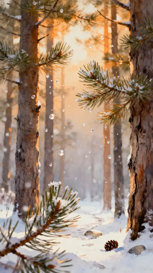 A tiny vertical forest scene framed for a 9:16 crop, where pine saplings glitter with suspended snow particles and soft amber light warms the cold air around a narrow clearing.