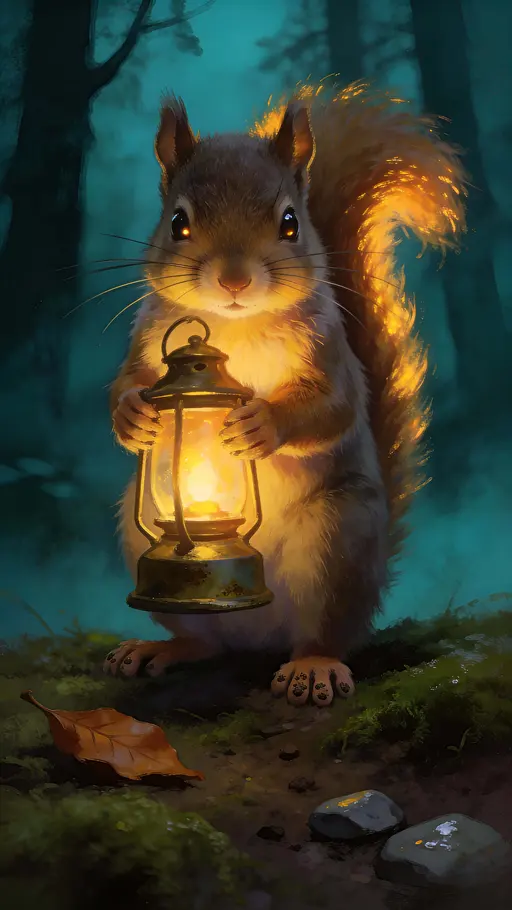 Photorealistic portrait of a tiny squirrel clutching a warm glowing lantern in a deep-teal misty forest, soft atmospheric depth and realistic textures.