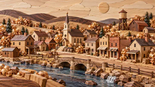 A tiny town of sloped roof houses, a church with a dowel steeple and a spool water tower is built from carpenter offcuts with trees of curled wood shavings.