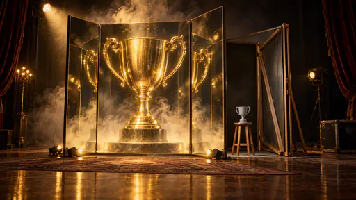 Smoke and mirrors: a tiny dull plastic trophy on a bare stool beside tall angled mirrors and theatrical smoke that together project one immense gleaming golden trophy.