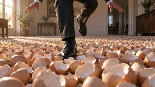 Walking on eggshells: a low close conceptual editorial view of a person's polished dress shoes tiptoeing across a floor completely covered in fragile empty eggshell halves, one shoe placed toes-first between shells and the other held cautiously above, under soft raking morning light.