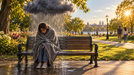 Under the weather: an eye-level conceptual editorial scene of a tired person huddled under a blanket on a park bench beneath one small low rain cloud that rains only over them, the surrounding sunny park bright and dry with distant strollers under warm low sun.