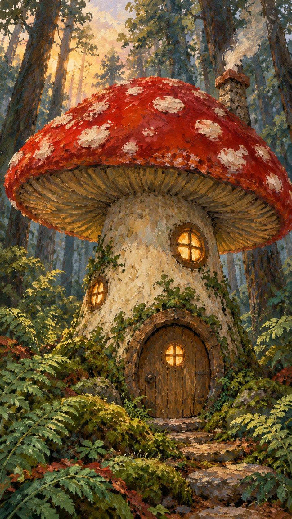 A small mushroom house in a forest with a red capped toadstool roof, a round door, tiny lit windows and a chimney is surrounded by ferns and moss in soft dawn light.
